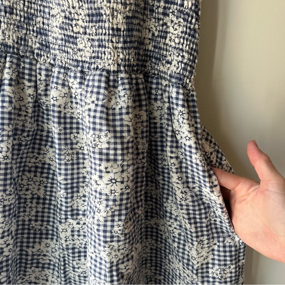 American Eagle Smocked Gingham Floral Sundress Blue White Cotton Linen Blend XL - Picture 9 of 14